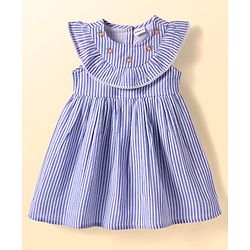 Babyhug Seer Sucker Woven Frill Sleeveless Striped Frock with Bloomer Headband & Star Embroidery - Blue