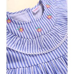 Babyhug Seer Sucker Woven Frill Sleeveless Striped Frock with Bloomer Headband & Star Embroidery - Blue