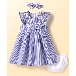 Babyhug Seer Sucker Woven Frill Sleeveless Striped Frock with Bloomer Headband & Star Embroidery - Blue