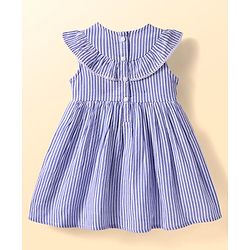 Babyhug Seer Sucker Woven Frill Sleeveless Striped Frock with Bloomer Headband & Star Embroidery - Blue