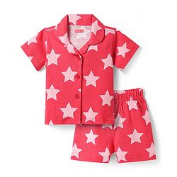 Babyhug Cotton Knit Half Sleeves Shorts Co-Ord Night Suit With Star Print - Red