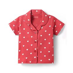 Babyhug Cotton Knit Half Sleeves Shorts Co-Ord Night Suit With Heart Print - Red