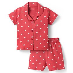 Babyhug Cotton Knit Half Sleeves Shorts Co-Ord Night Suit With Heart Print - Red