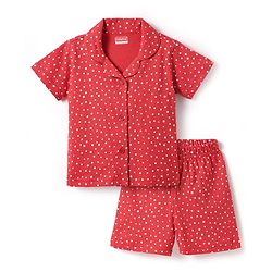 Babyhug Cotton Knit Half Sleeves Shorts Co-Ord Night Suit With Polka Dot Print - Red
