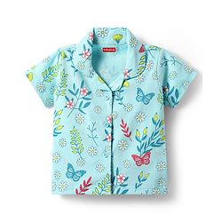 Babyhug Cotton Knit Half Sleeves Shorts Co-Ord Night Suit With Floral & Butterfly Print - Light Blue