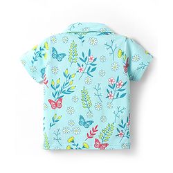 Babyhug Cotton Knit Half Sleeves Shorts Co-Ord Night Suit With Floral & Butterfly Print - Light Blue