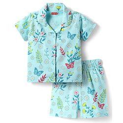 Babyhug Cotton Knit Half Sleeves Shorts Co-Ord Night Suit With Floral & Butterfly Print - Light Blue