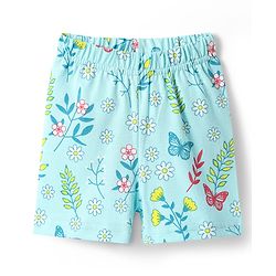 Babyhug Cotton Knit Half Sleeves Shorts Co-Ord Night Suit With Floral & Butterfly Print - Light Blue