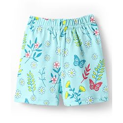 Babyhug Cotton Knit Half Sleeves Shorts Co-Ord Night Suit With Floral & Butterfly Print - Light Blue