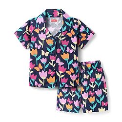 Babyhug Cotton Knit Half Sleeves Shorts Co-Ord Night Suit With Floral Print - Navy Blue