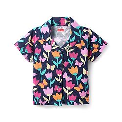 Babyhug Cotton Knit Half Sleeves Shorts Co-Ord Night Suit With Floral Print - Navy Blue