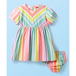 Babyhug Single Jersey Knit Half Puffed Sleeves Striped Frock with Bloomer - White