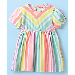 Babyhug Single Jersey Knit Half Puffed Sleeves Striped Frock with Bloomer - White