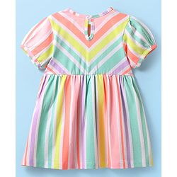 Babyhug Single Jersey Knit Half Puffed Sleeves Striped Frock with Bloomer - White