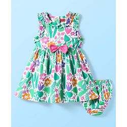 Babyhug Single Jersey Knit Sleeveless Floral Printed Frock With Bow Applique & Bloomer - Multicolor