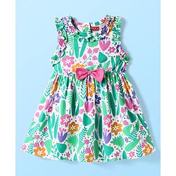 Babyhug Single Jersey Knit Sleeveless Floral Printed Frock With Bow Applique & Bloomer - Multicolor