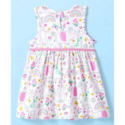 Babyhug Single Jersey Knit Sleeveless Floral & Animal Printed Frock With Bow Applique & Bloomer - White
