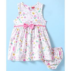 Babyhug Single Jersey Knit Sleeveless Floral & Animal Printed Frock With Bow Applique & Bloomer - White