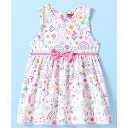 Babyhug Single Jersey Knit Sleeveless Floral & Animal Printed Frock With Bow Applique & Bloomer - White