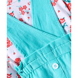 Babyhug Cotton Woven Frock & Full Peasant Sleeves Inner Tee with Floral Print - White & Aqua Blue