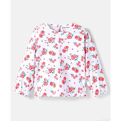 Babyhug Cotton Woven Frock & Full Peasant Sleeves Inner Tee with Floral Print - White & Aqua Blue