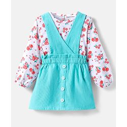 Babyhug Cotton Woven Frock & Full Peasant Sleeves Inner Tee with Floral Print - White & Aqua Blue