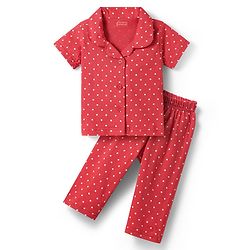 Babyhug Cotton Knit Half Sleeves Co-ords Front Open Night Suit with Polka Dots Print - Red