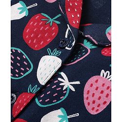 Babyhug Cotton Knit Half Sleeves Co-ords Front Open Night Suit with Strawberry Print - Navy Blue