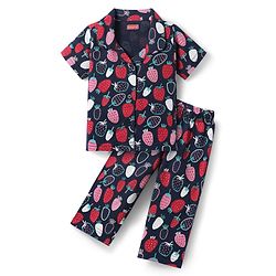 Babyhug Cotton Knit Half Sleeves Co-ords Front Open Night Suit with Strawberry Print - Navy Blue
