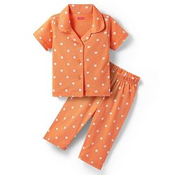 Babyhug Cotton Knit Half Sleeves Co-ords Front Open Night Suit with Polka Dots Print - Orange