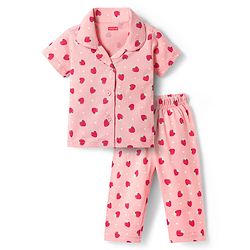 Babyhug Cotton Knit Half Sleeves Co-ords Front Open Night Suit with Polka Dots & Strawberry Print - Pink