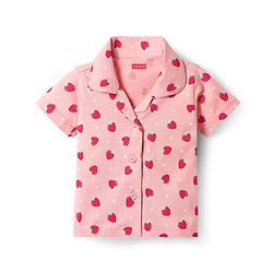 Babyhug Cotton Knit Half Sleeves Co-ords Front Open Night Suit with Polka Dots & Strawberry Print - Pink