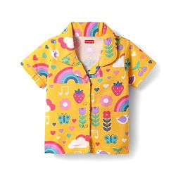 Babyhug Cotton Knit Half Sleeves Co-ords Front Open Night Suit with Tropical Theme Print - Yellow