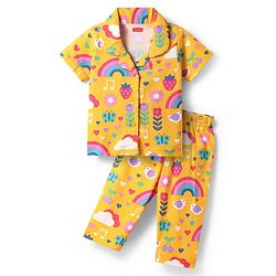 Babyhug Cotton Knit Half Sleeves Co-ords Front Open Night Suit with Tropical Theme Print - Yellow