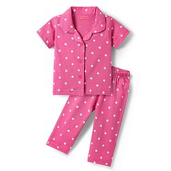 Babyhug Cotton Knit Half Sleeves Co-ords Front Open Night Suit with Polka Dots Print - Dark Pink