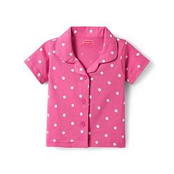 Babyhug Cotton Knit Half Sleeves Co-ords Front Open Night Suit with Polka Dots Print - Dark Pink