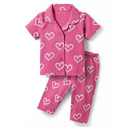 Babyhug Cotton Knit Half Sleeves Co-ords Front Open Night Suit with Hearts Print - Dark Pink