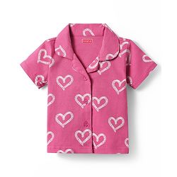 Babyhug Cotton Knit Half Sleeves Co-ords Front Open Night Suit with Hearts Print - Dark Pink