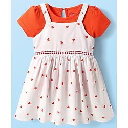 Babyhug Cotton Woven Hearts Printed Frock with Half Sleeves Inner Tee - White & Orange