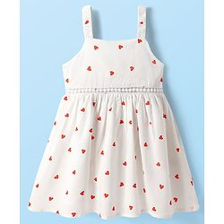 Babyhug Cotton Woven Hearts Printed Frock with Half Sleeves Inner Tee - White & Orange
