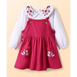 Babyhug 100% Cotton Full Sleeves Floral & Butterfly Embroidered Frock With Inner Tee - Dark Pink & White