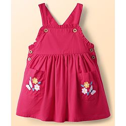 Babyhug 100% Cotton Full Sleeves Floral & Butterfly Embroidered Frock With Inner Tee - Dark Pink & White