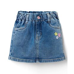 Babyhug Mid Thigh Denim Skirt with Floral Embroidery - Blue
