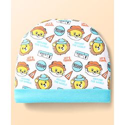 Babyhug 100% Cotton Interlock Knit Cap Mittens & Booties With Animal Print Light Blue - Diameter 10 cm