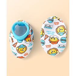 Babyhug 100% Cotton Interlock Knit Cap Mittens & Booties With Animal Print Light Blue - Diameter 10 cm