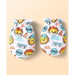 Babyhug 100% Cotton Interlock Knit Cap Mittens & Booties With Animal Print Light Blue - Diameter 10 cm
