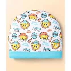 Babyhug 100% Cotton Interlock Knit Cap Mittens & Booties With Animal Print Light Blue - Diameter 10 cm