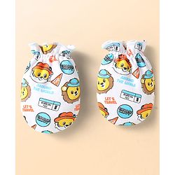 Babyhug 100% Cotton Interlock Knit Cap Mittens & Booties With Animal Print Light Blue - Diameter 10 cm