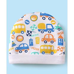 Babyhug 100% Cotton Knit Cap Mittens & Booties Set with Vehicle Print White - Diameter 10 cm