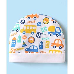 Babyhug 100% Cotton Knit Cap Mittens & Booties Set with Vehicle Print White - Diameter 10 cm